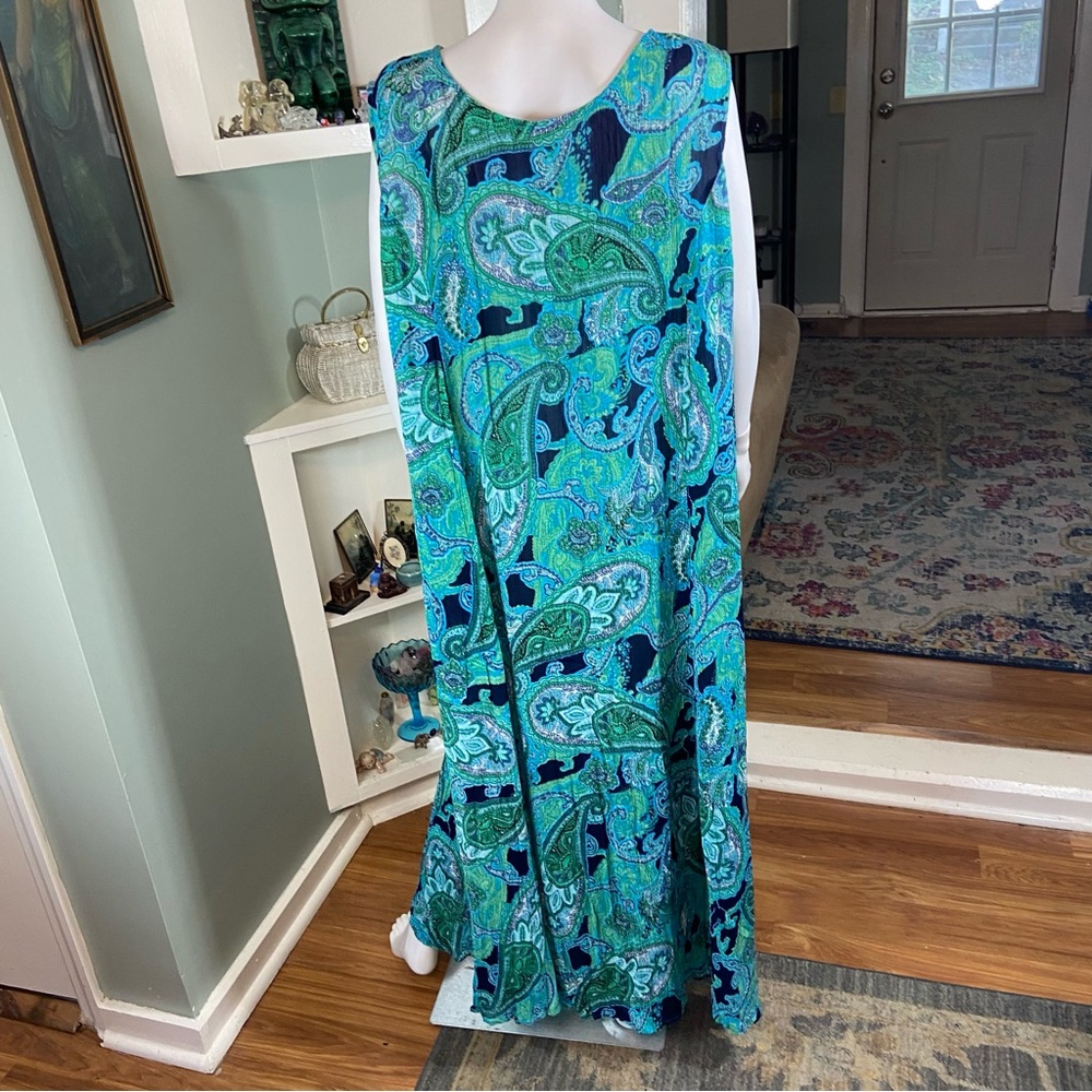 NWT New Roaman's Paisley Maxi Dress Gauze Crinkle Volup 2X Blue Green 26/28 - Picture 7 of 10